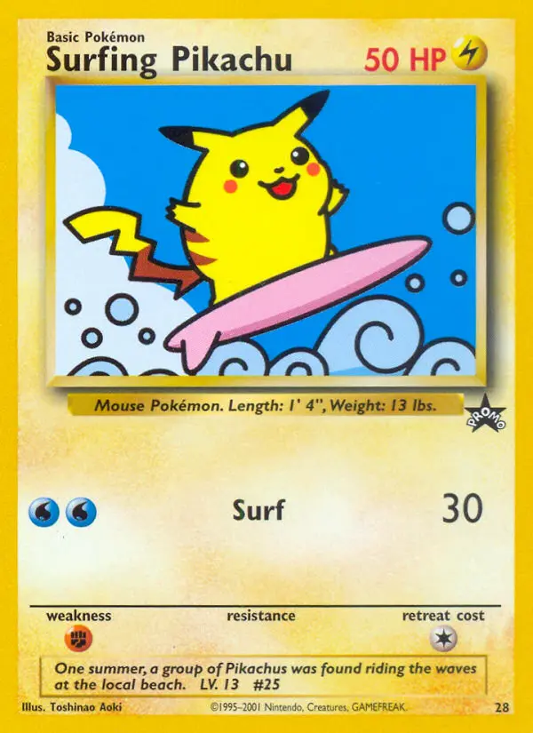 Pikachu surfeur — carte 28 de l’extension Wizards Black Star Promos