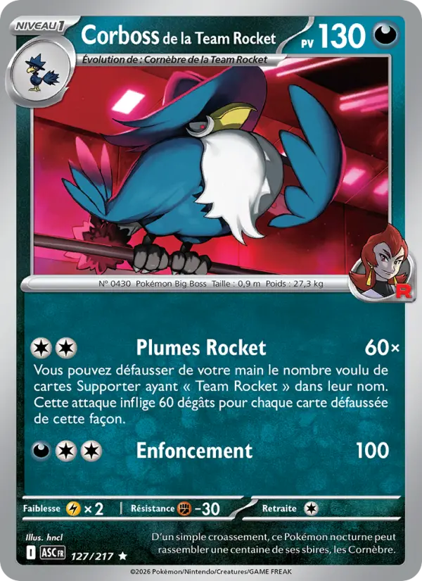 Corboss de la Team Rocket — carte 127 de l’extension Héros Transcendants