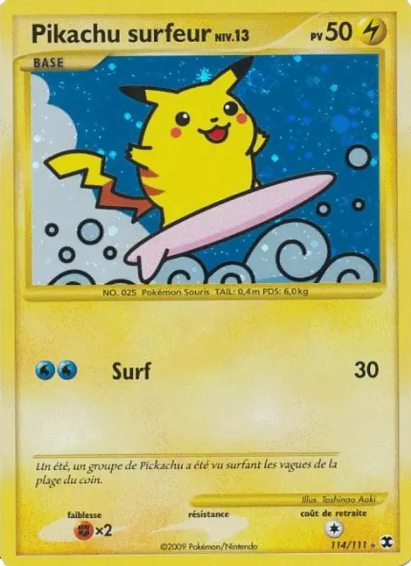 Pikachu surfeur Niv. 13 — carte 114 de l’extension Rivaux Émergeants