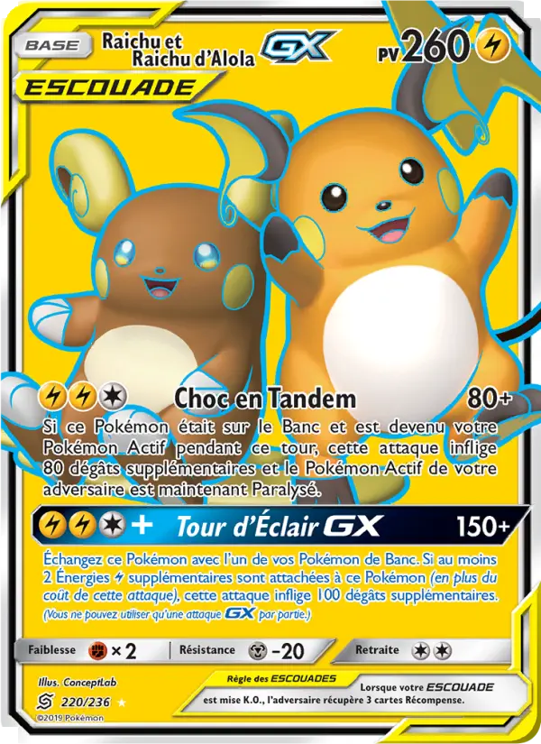 Raichu et Raichu d’Alola GX — carte 220 de l’extension Harmonie des Esprits