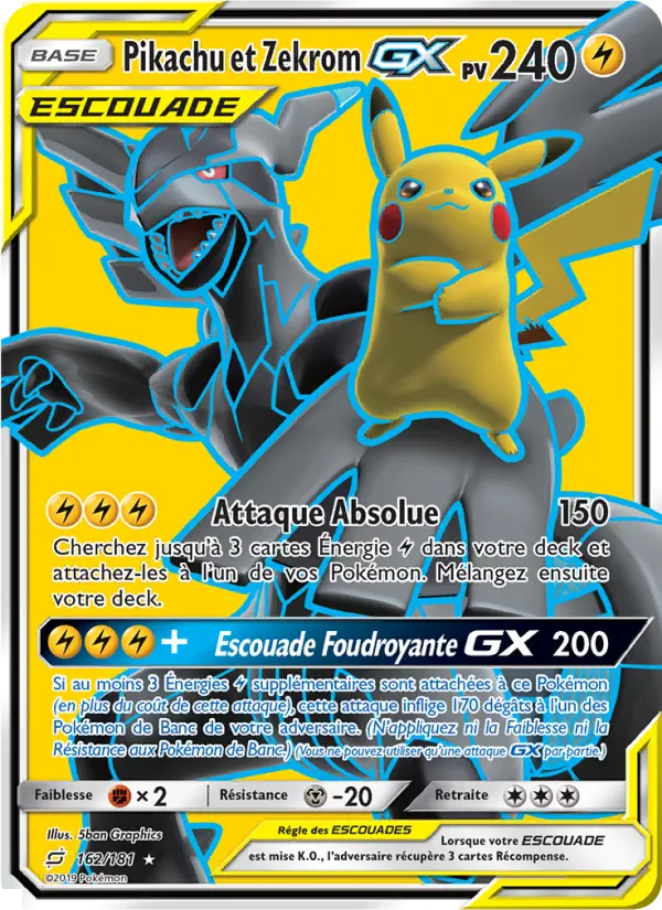 Pikachu et Zekrom GX — carte 162 de l’extension Duo de Choc