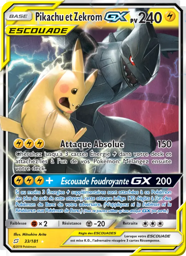 Pikachu et Zekrom GX — carte 33 de l’extension Duo de Choc