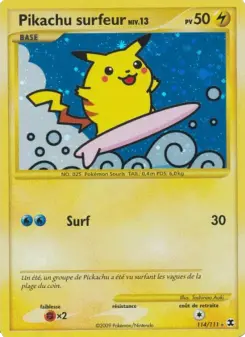 Pikachu surfeur Niv. 13 — carte 114 de l’extension Rivaux Émergeants